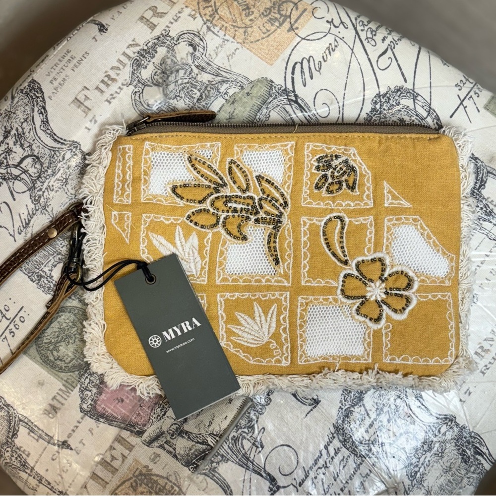 Myra Bag Amber Harvest Embroidered Pouch In Sunshine Tan Wristlet